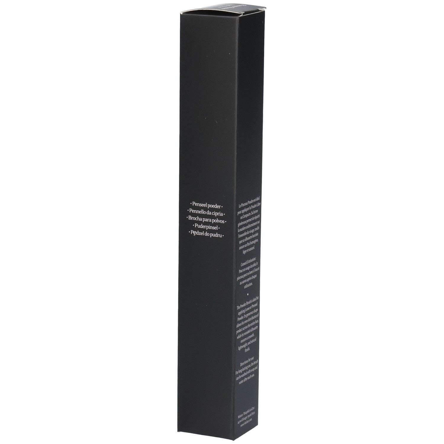 Boîte noire avec texte. Informations produit en plusieurs langues. "Pinceau Poudre Powder Brush".