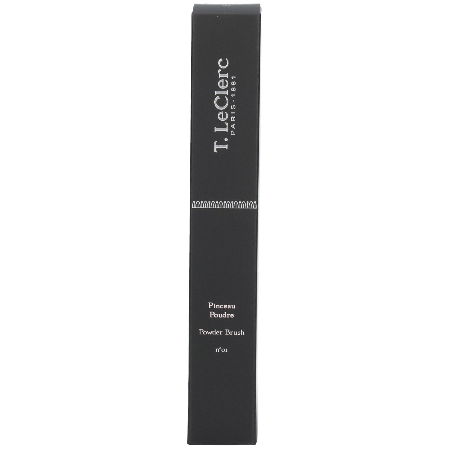 Boîte noire avec informations produit. "T. LeClerc PARIS 1881" en haut. En dessous, "Pinceau Poudre Powder Brush n°01".