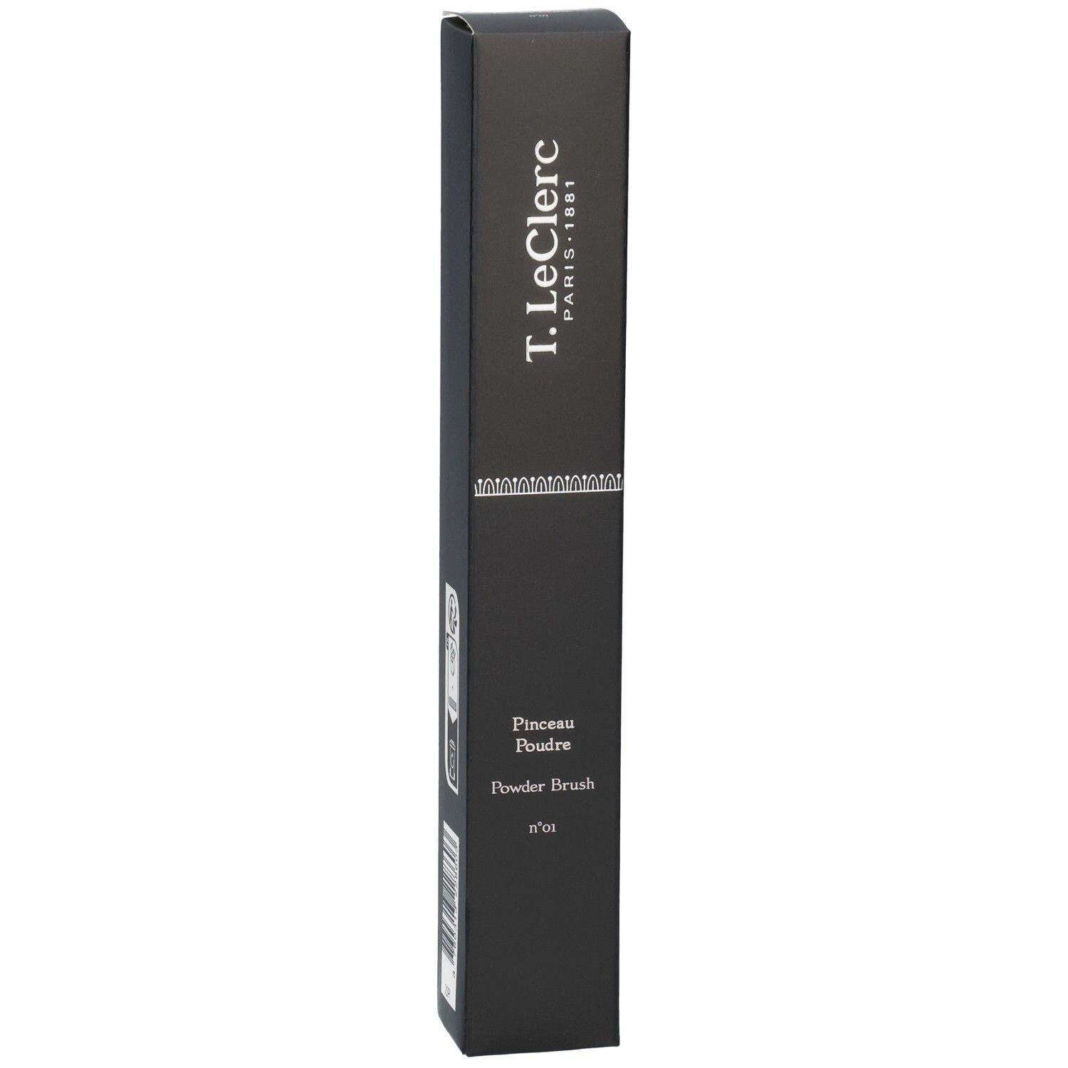 Boîte noire avec informations produit. "T. LeClerc PARIS 1881" en haut. En dessous, "Pinceau Poudre Powder Brush n°01".