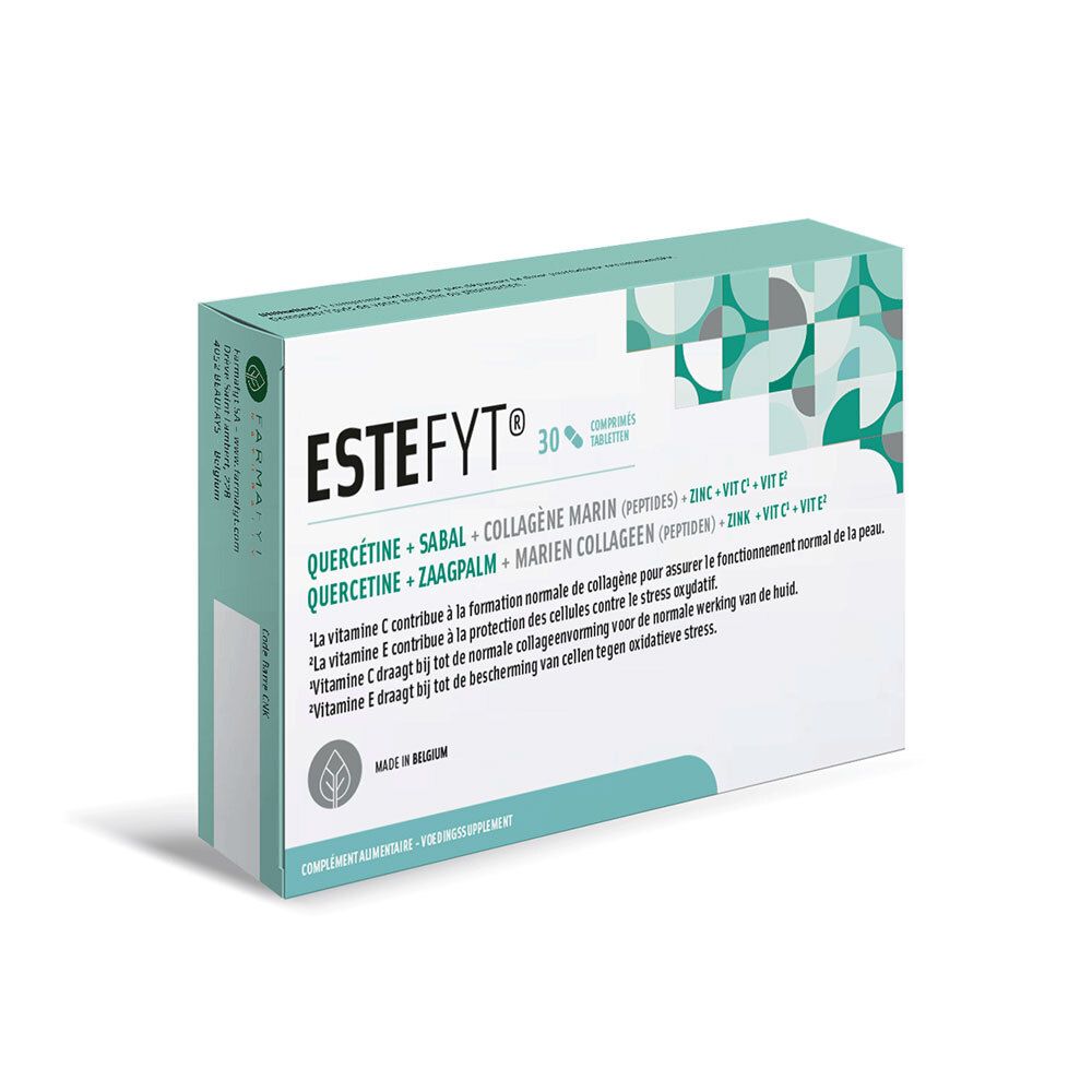 Voorkant van de EsteFyt-verpakking met 30 tabletten, ingrediënten: Quercetine, Sabal, Collageen, Zink, Vitamine C en E.