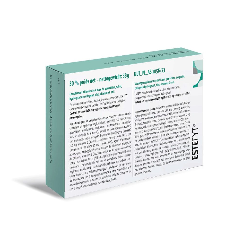 Zijaanzicht van de EsteFyt-verpakking met 30 tabletten, informatie van de fabrikant en barcode.
