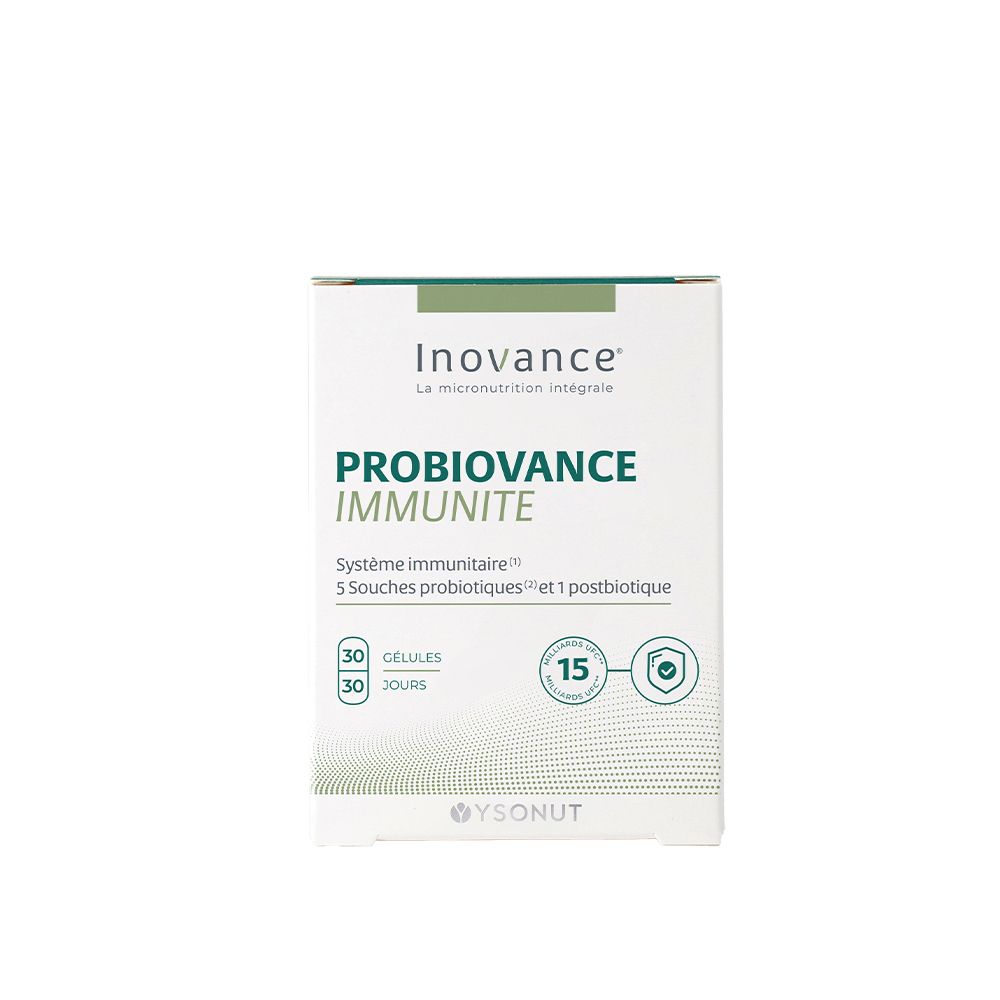 Witte doos met groene accenten. Opschrift: Inovance, PROBIOVANCE IMMUNITE. Bevat 30 capsules voor 30 dagen.