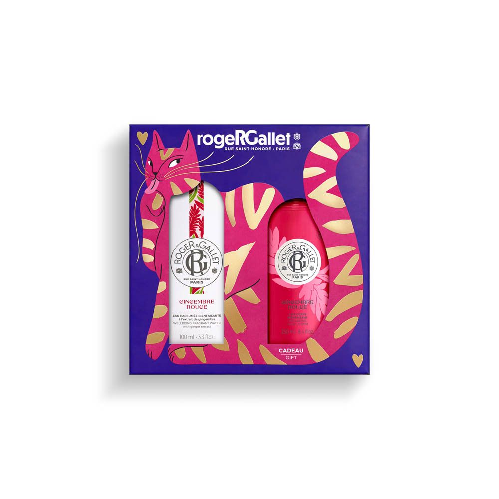 Roger & Gallet geschenkset met Eau Parfumée en Bodylotion in kattenverpakking.