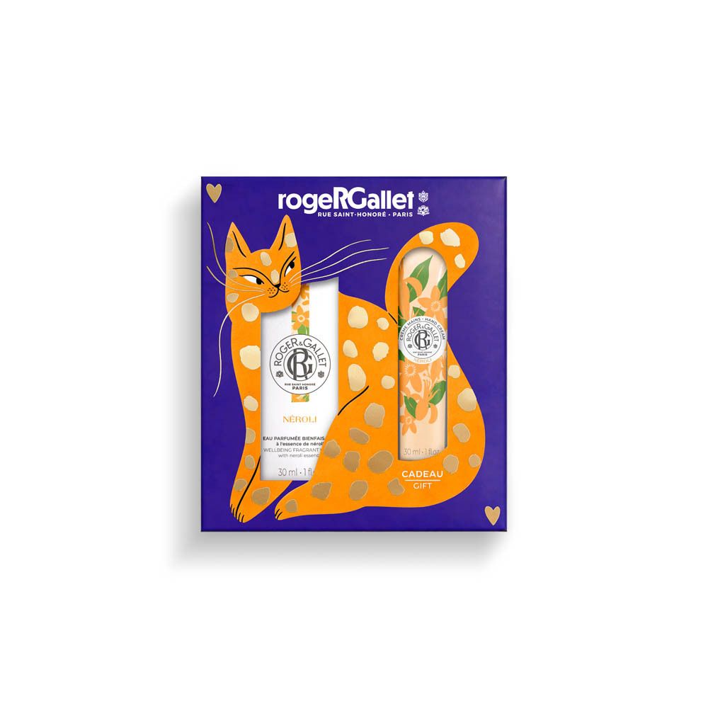 Coffret Roger & Gallet avec chat. Contient Eau de Parfum et crème pour les mains, dans une boîte violette.