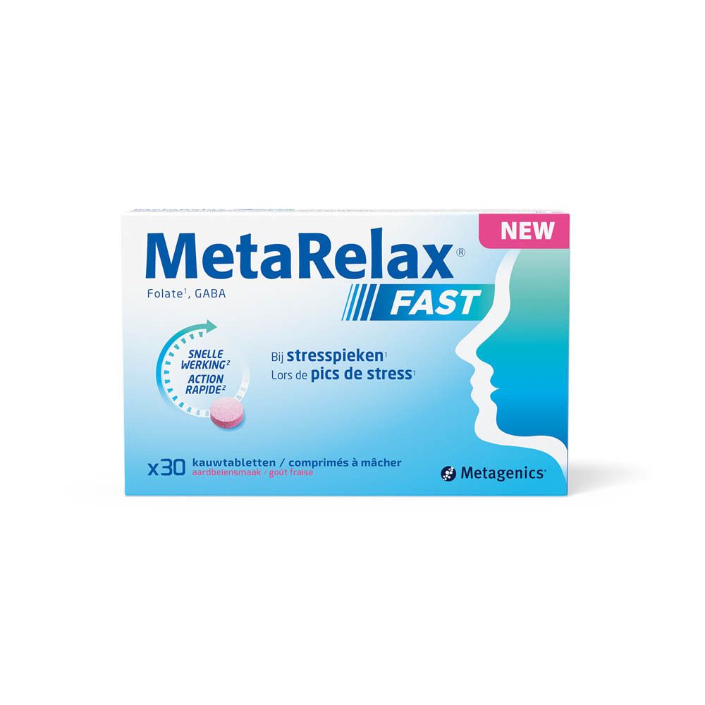 Doos MetaRelax Fast met 30 kauwtabletten, aardbeiensmaak. "Nieuw" en "Snelle werking" uitgelicht.