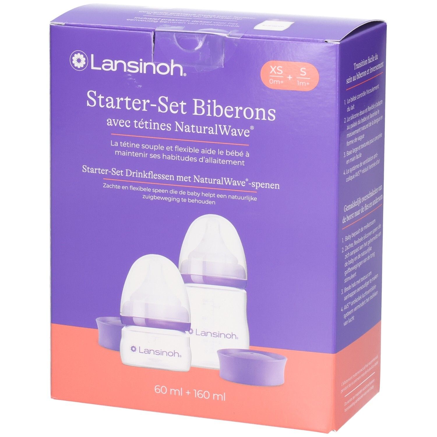 Lansinoh Starter-Set Biberons: Vue latérale avec instructions d'utilisation en français et néerlandais.