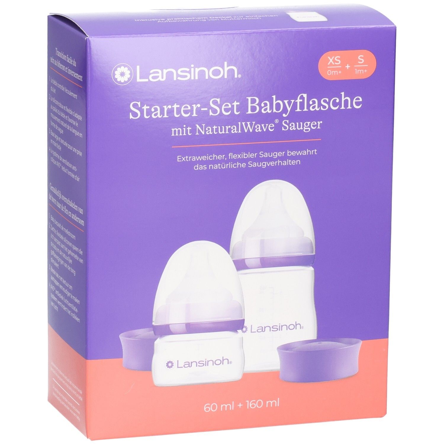 Lansinoh Starter-Set Biberons: Face avant avec illustration du produit, tailles XS, S et mention Sans BPA/BPS.