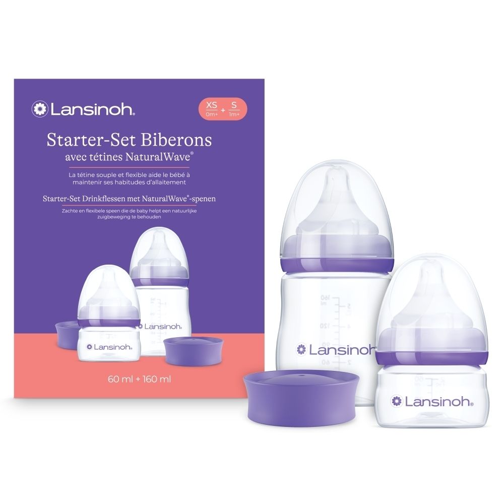 Lansinoh Starter-Set Babyflessen: Zijaanzicht met gebruiksinstructies in het Nederlands en Frans.