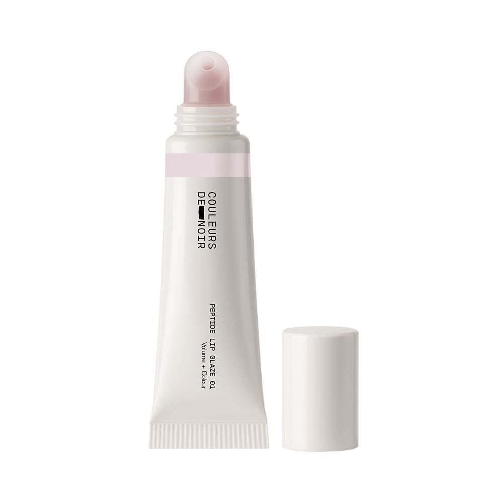Applicator en tube van de Couleurs de Noir Peptide Lip Glaze 01 Pink Sherbet.