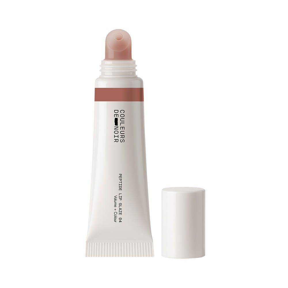 Applicatorfles met roll-on punt en witte dop. Tekst: COULEURS DE NOIR, PEPTIDE LIP GLAZE 04.