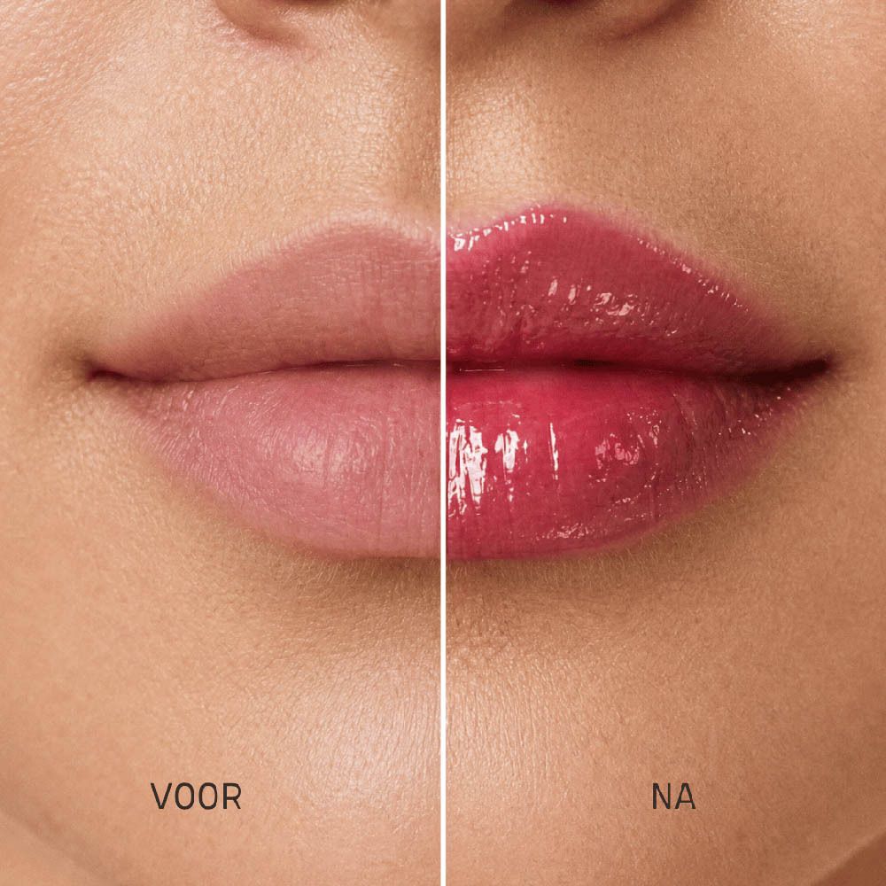 Voor-en-na vergelijking van lippen met Couleurs de Noir Peptide Lip Glaze.