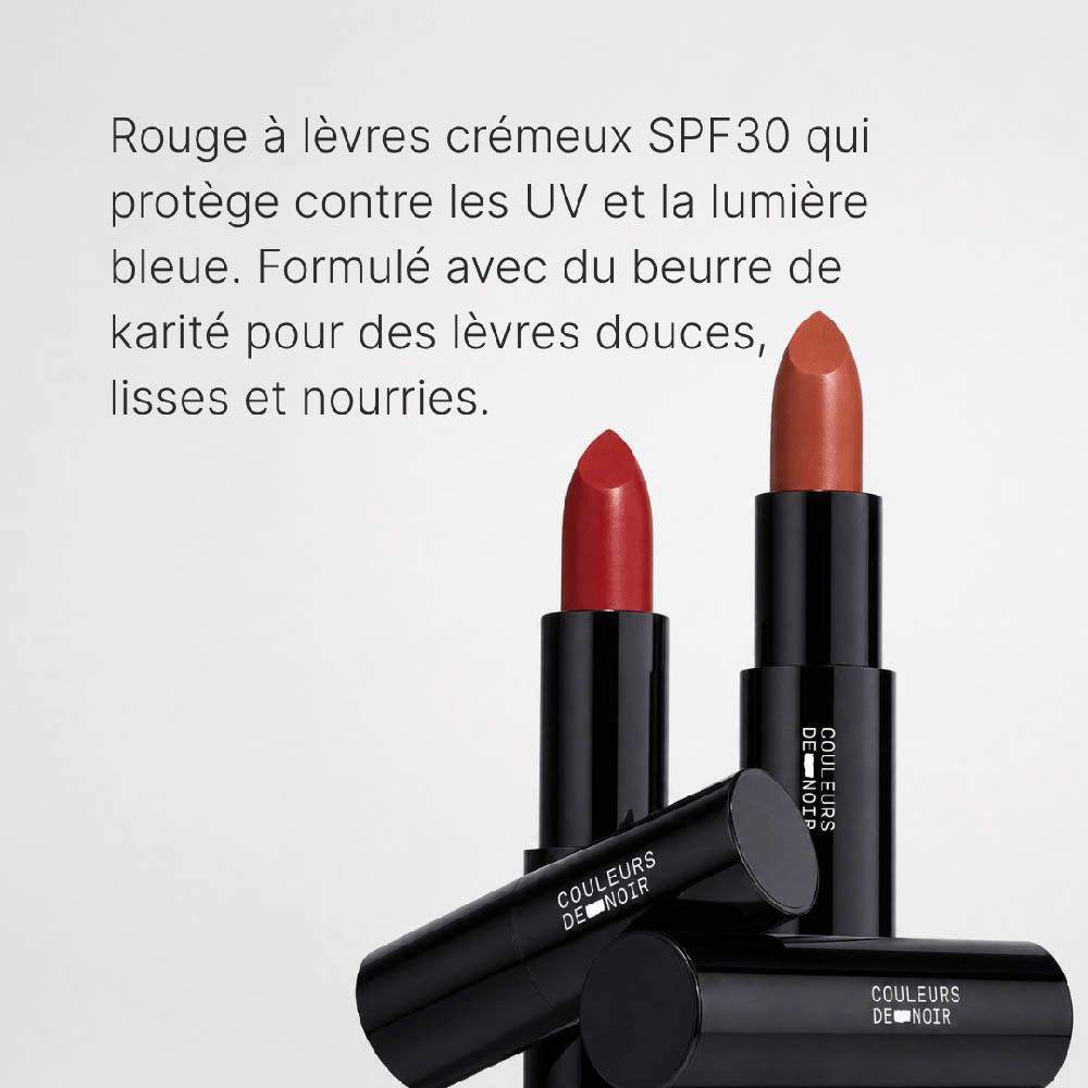 Emballage du rouge à lèvres SPF30, formule hydratante, beurre de karité.