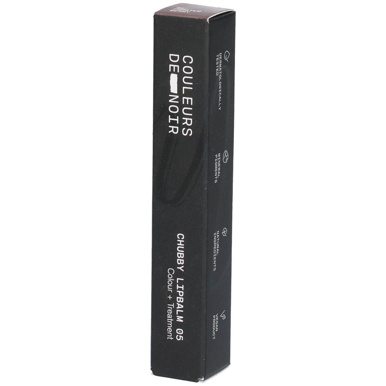 Emballage pour "Couleurs de Noir Chubby Lip Balm 05". Boîte noire avec texte.