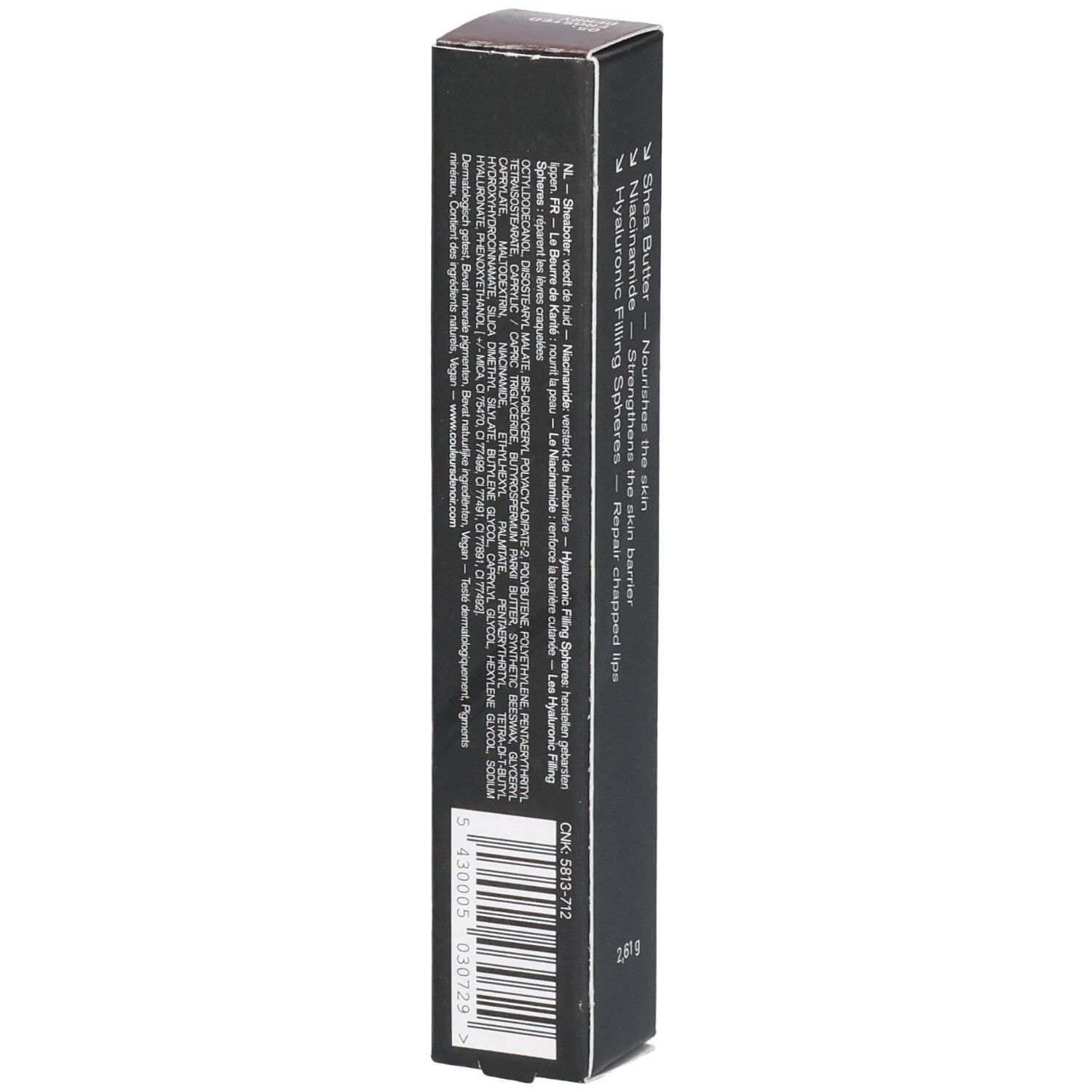 Emballage noir avec texte multilingue, code-barres et informations produit.