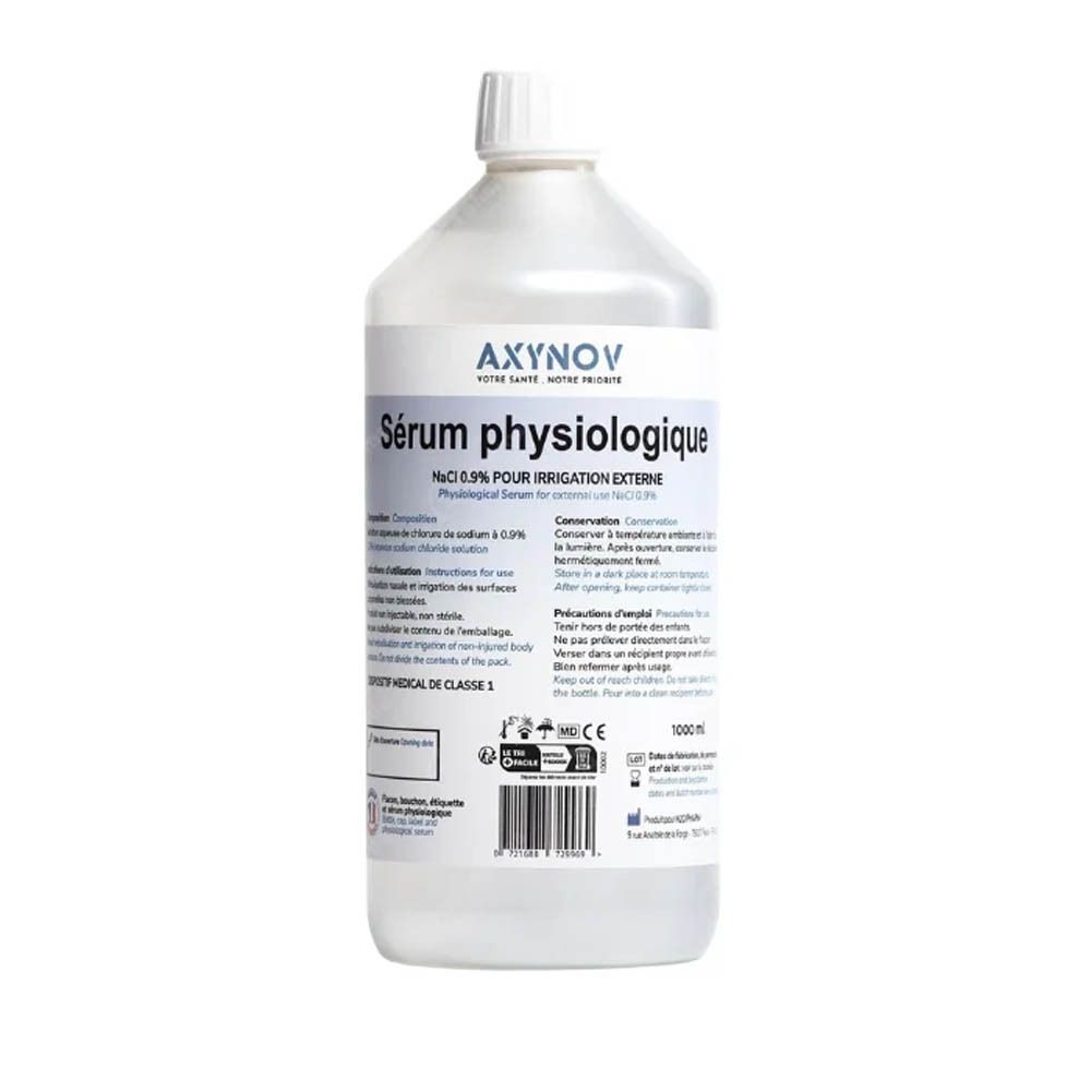 Axynov fysiologische zoutoplossing 0,9% voor uitwendig gebruik in een fles van 1000ml.