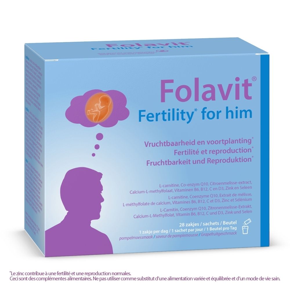 Emballage Folavit Fertility for him de 28 sachets. Contient L-Carnitine, Coenzyme Q10, vitamines et minéraux.
