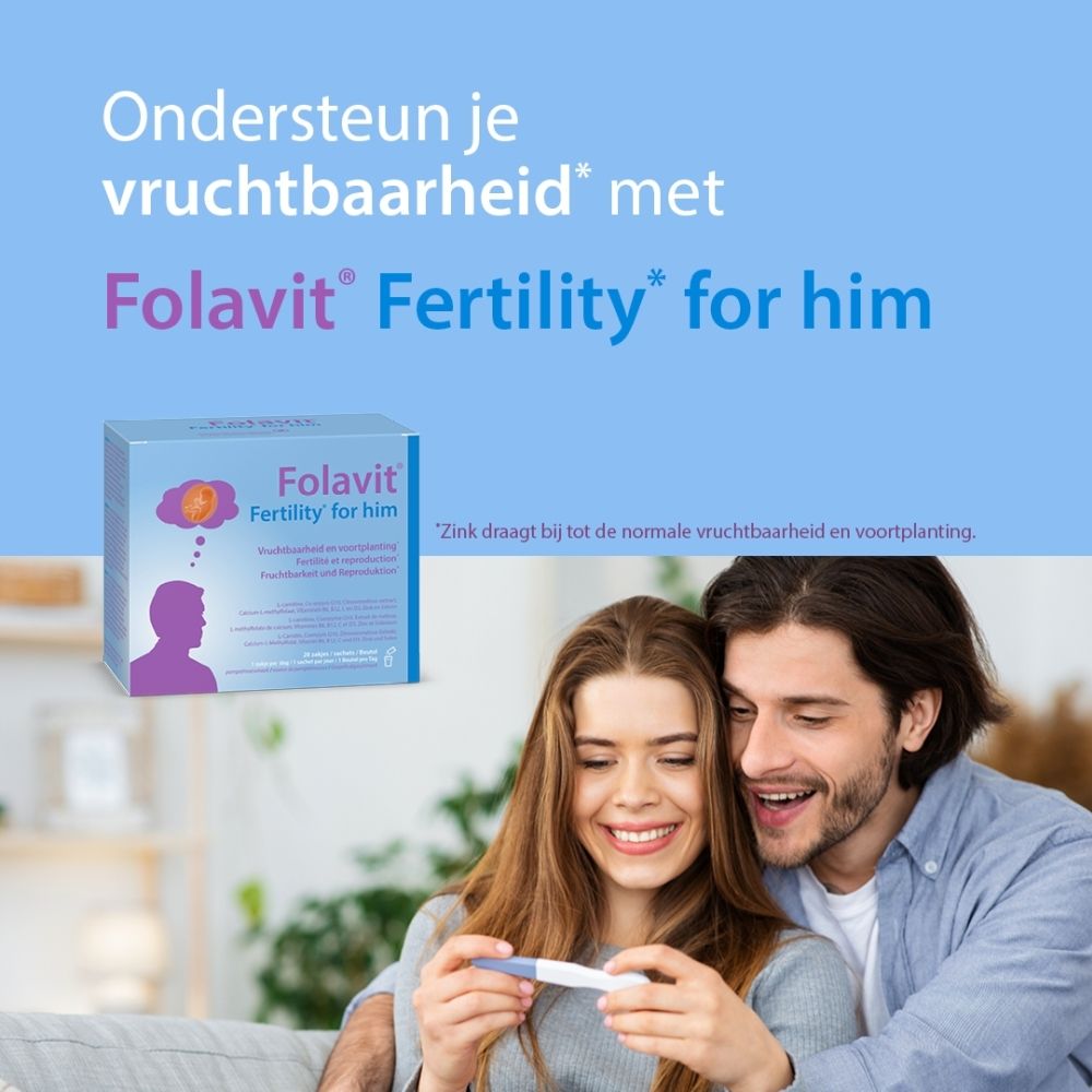 Folavit Fertility for him Doos met 20 zakjes. Bevat L-Carnitine, Coenzyme Q10, vitamines en mineralen.