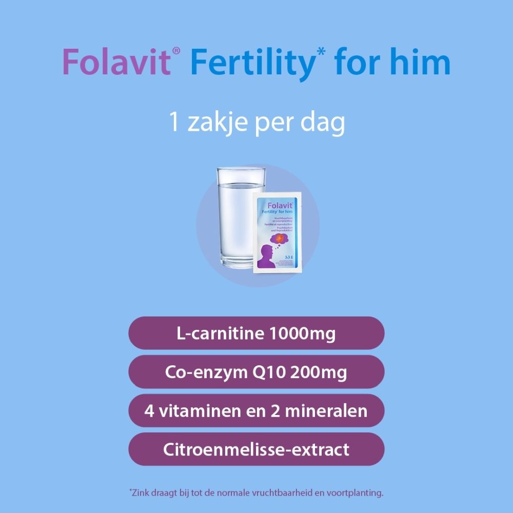 Folavit Fertility for him: 1 zakje per dag. Bevat L-carnitine, co-enzym Q10, 4 vitaminen en 2 mineralen.