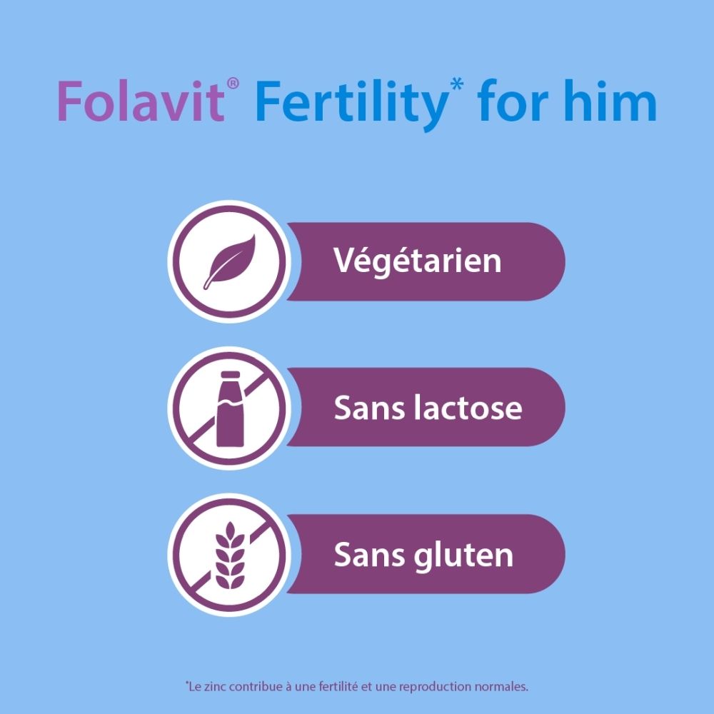 Folavit Fertility for him : Végétarien, Sans lactose, Sans gluten.