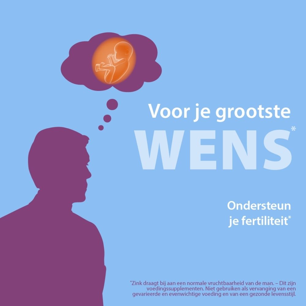 Silhouet van een man met een denkballon met een foetus. Tekst: "Voor je grootste wens. Ondersteun je vruchtbaarheid."