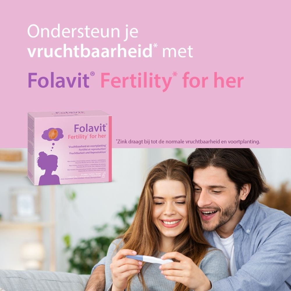 Folavit Fertility for her verpakking met 28 zakjes. Bevat ingrediënten voor vruchtbaarheid en voortplanting.