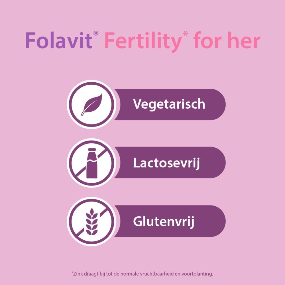 Folavit Fertility for her: Vegetarisch, lactosevrij, glutenvrij. Zink draagt bij aan normale vruchtbaarheid.