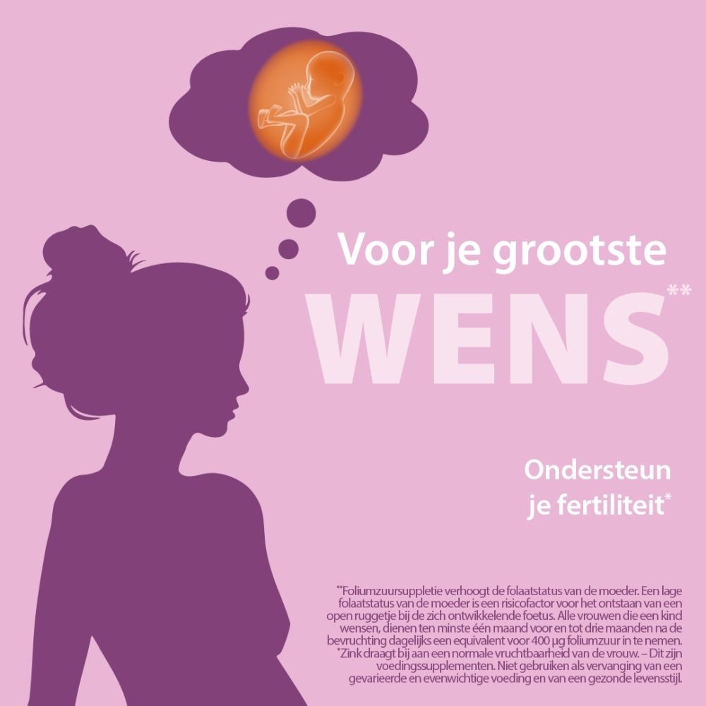 Silhouet van een zwangere vrouw met een denkballon met een baby. Tekst: 'Voor je grootste WENS. Ondersteun je fertiliteit.'