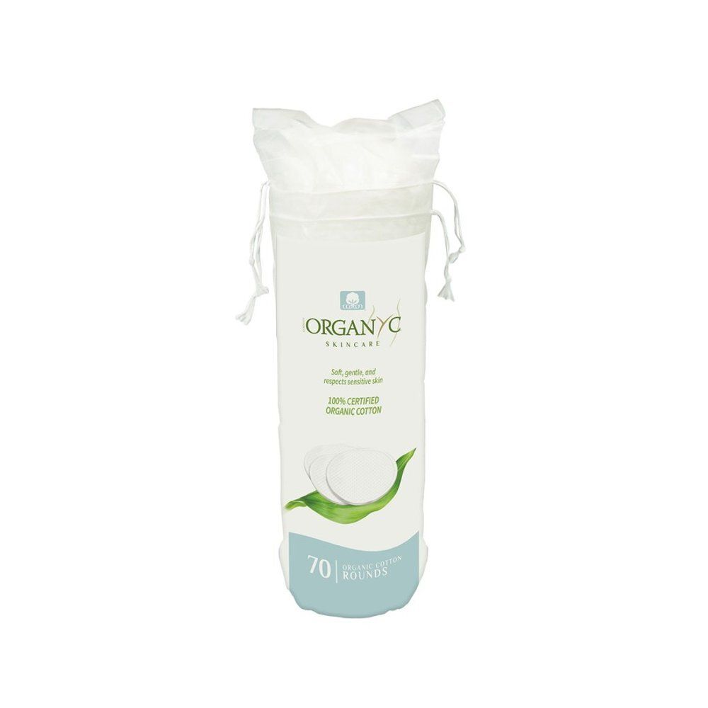 Organyc katoenpads in doorzichtige verpakking. 70 stuks, 100% biologisch katoen.