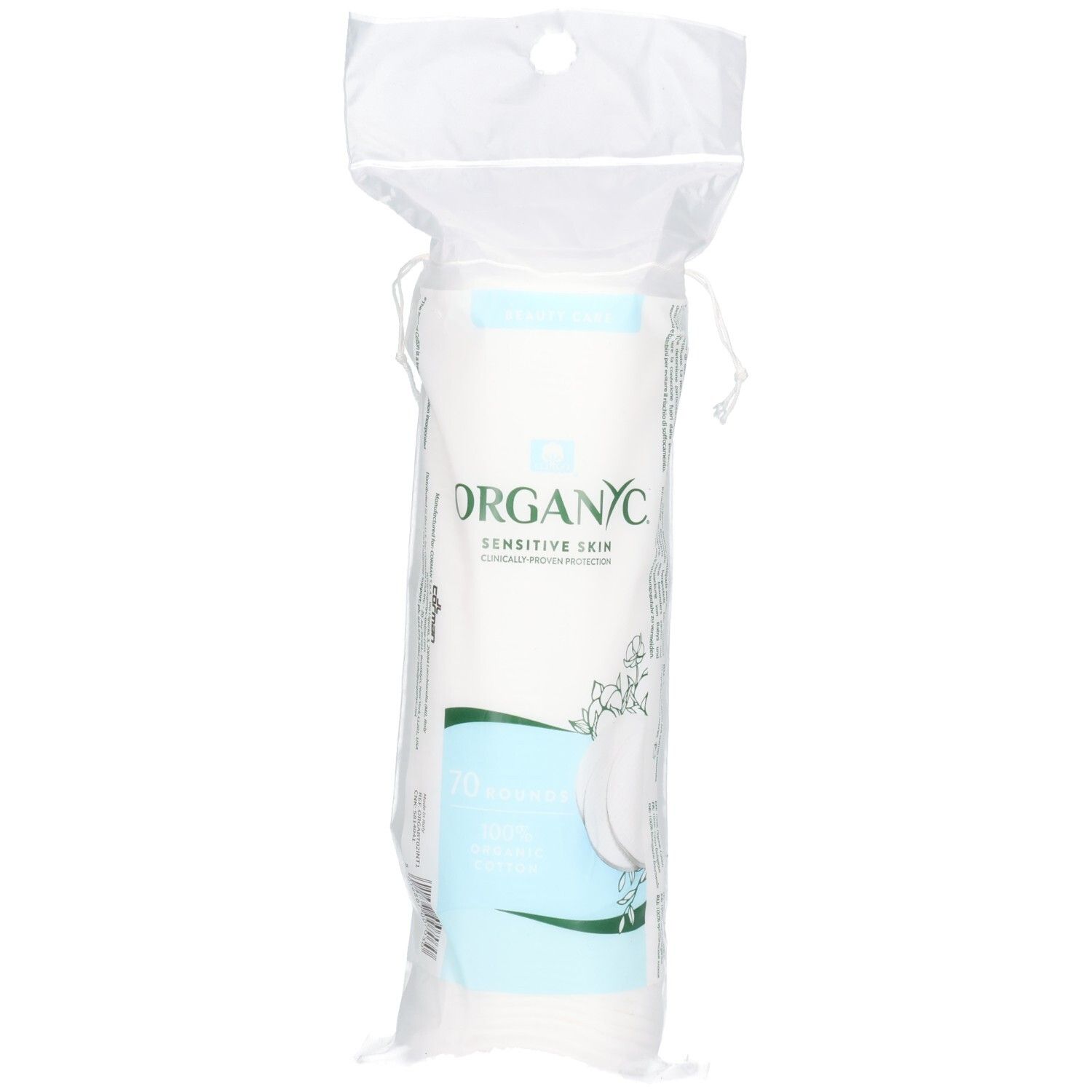 Organyc katoenpads in doorzichtige verpakking. 70 stuks, 100% biologisch katoen.