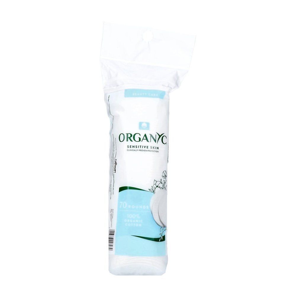 Organyc katoenpads in doorzichtige verpakking. 70 stuks, 100% biologisch katoen.