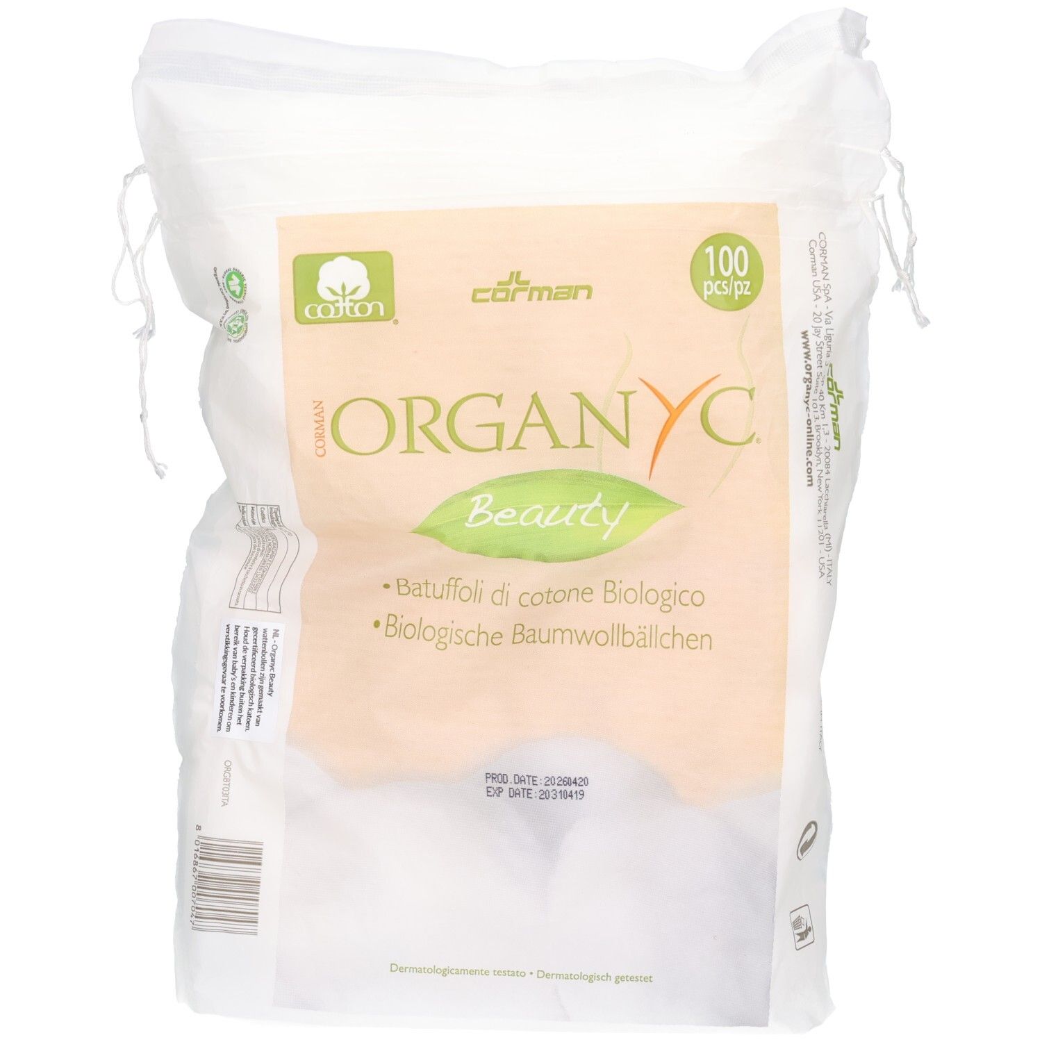 Boules de coton bio Organyc, 100 pièces. Dans un sac refermable.