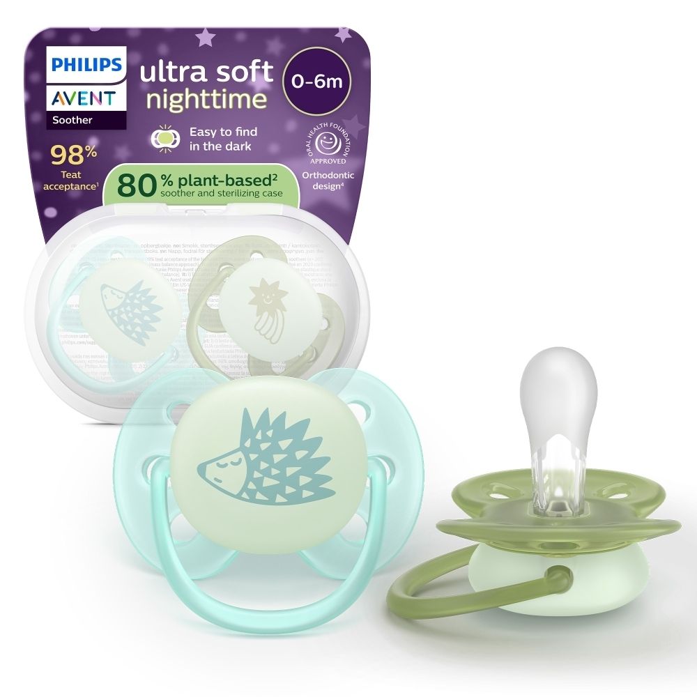 Deux sucettes Philips Avent Ultra Soft Nighttime 0-6m, vertes et bleues. Design orthodontique. Avec boîte de transport.