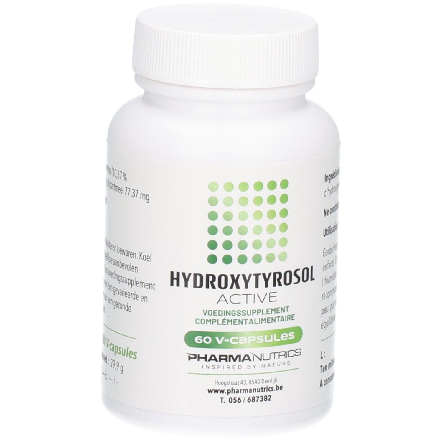 Witte fles, groen etiket. Opschrift: HYDROXYTYROSOL ACTIVE, 60 V-CAPS, PharmaNutrics.