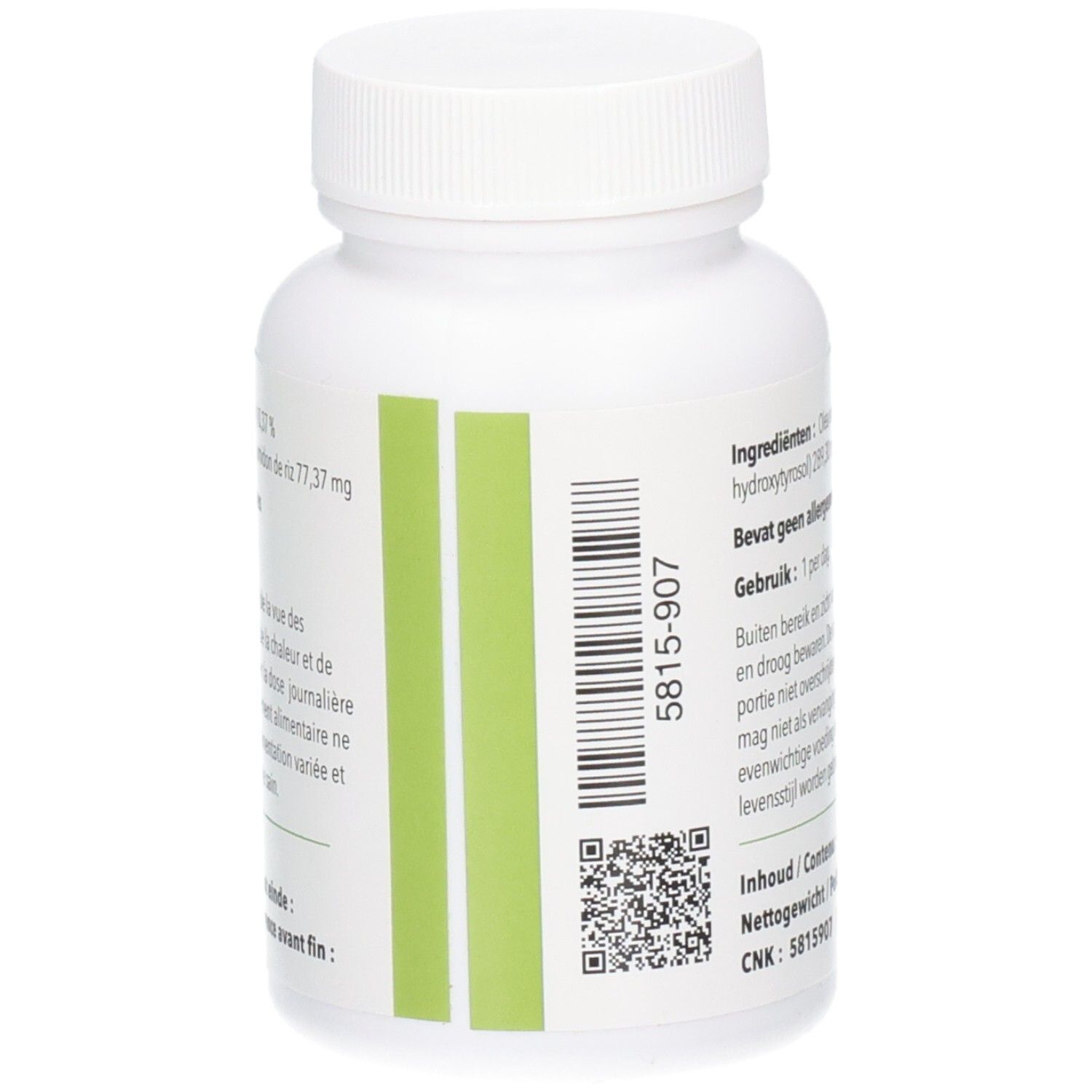 Achterkant witte fles met groene streep en QR-code. Bevat informatie.