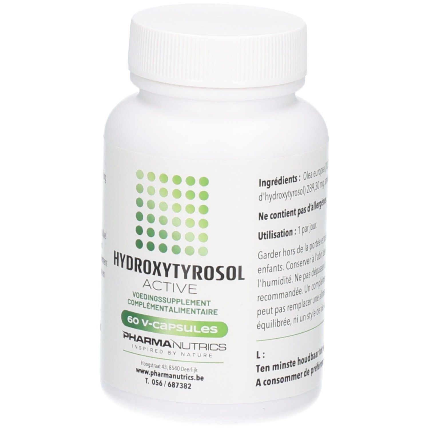Witte fles, groen etiket. Opschrift: HYDROXYTYROSOL ACTIVE, 60 V-CAPS, PharmaNutrics.