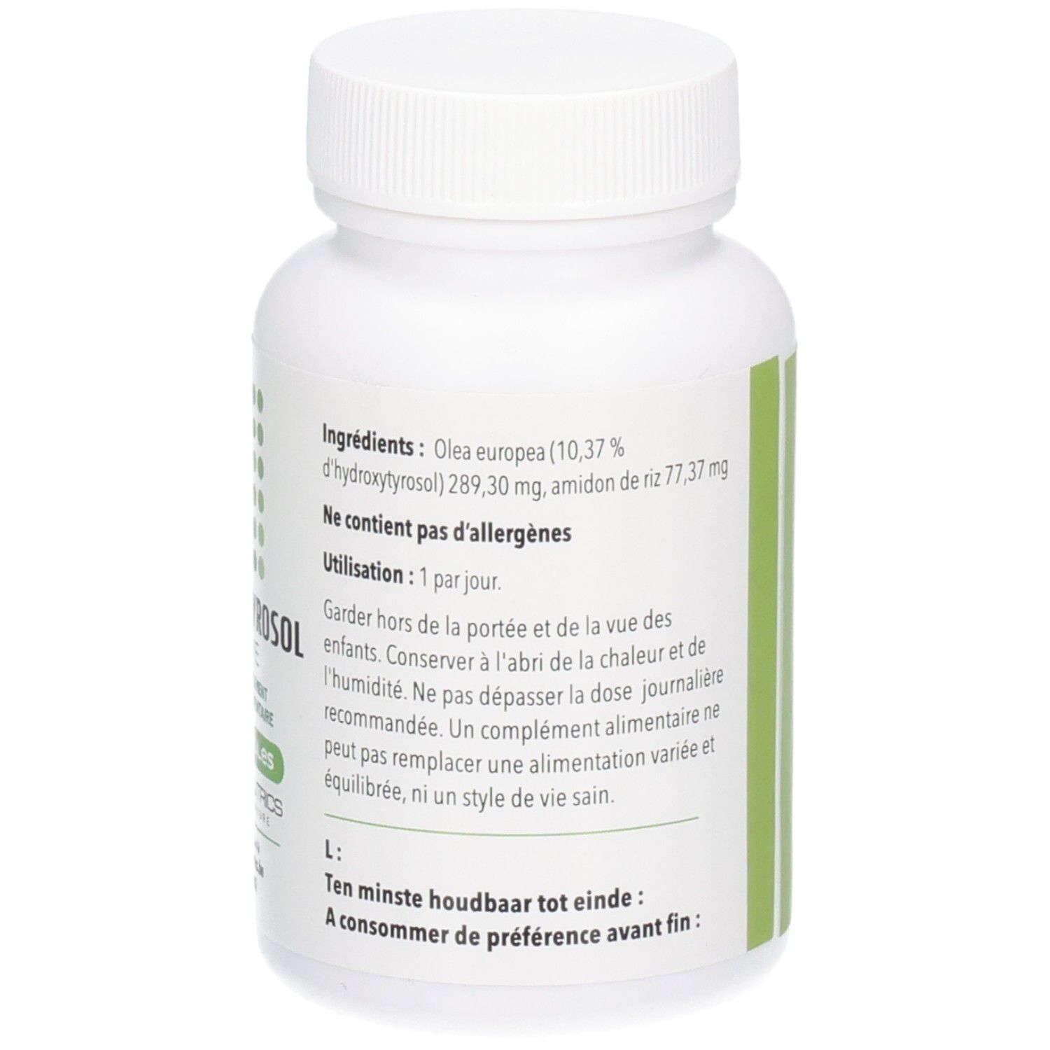 Achterkant witte fles met groene tekst. Bevat informatie over ingrediënten en gebruik.