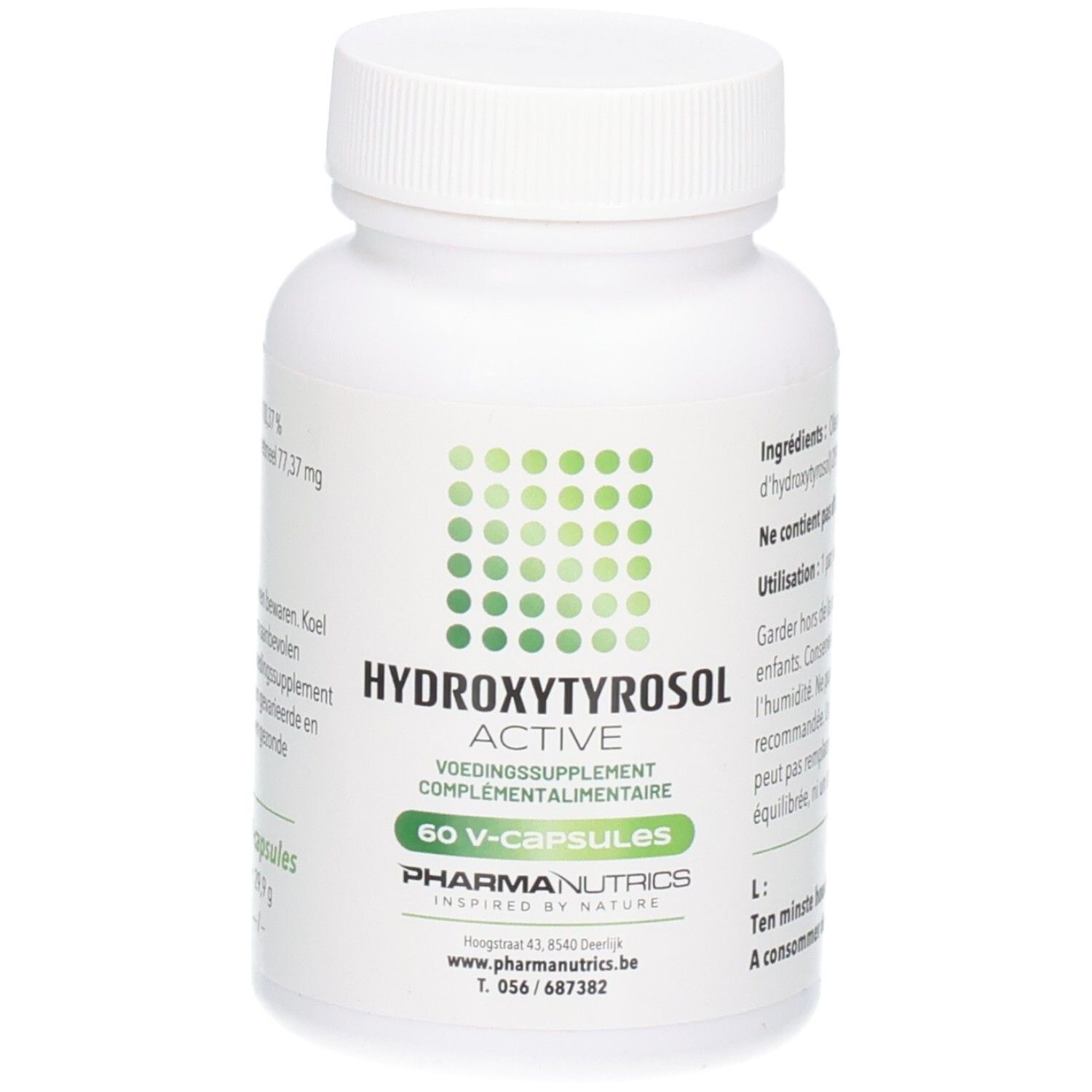 Witte fles, groen etiket. Opschrift: HYDROXYTYROSOL ACTIVE, 60 V-CAPS, PharmaNutrics.