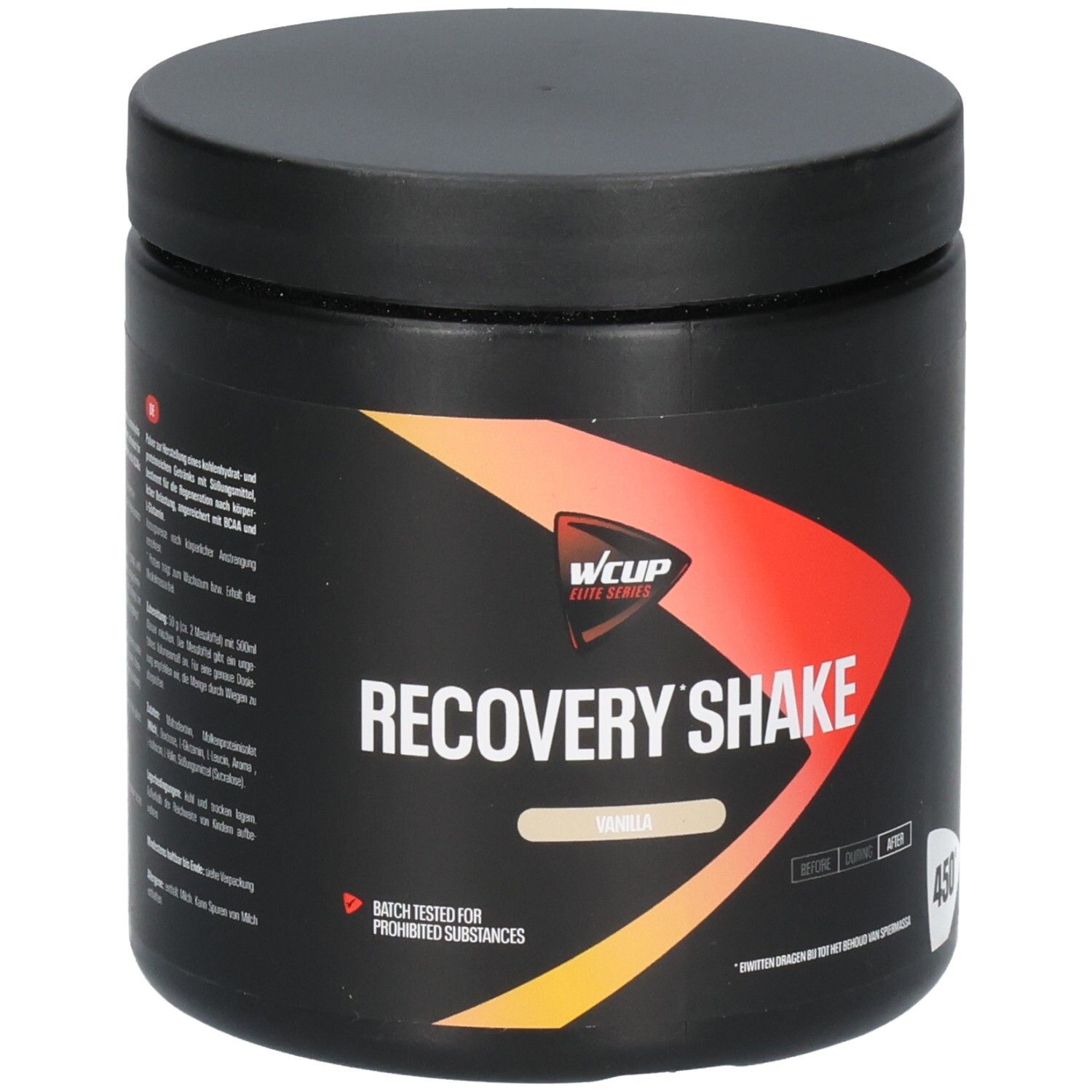 Zwarte container met Wcup Recovery Shake Vanilla 450g opschrift en oranje designelement.