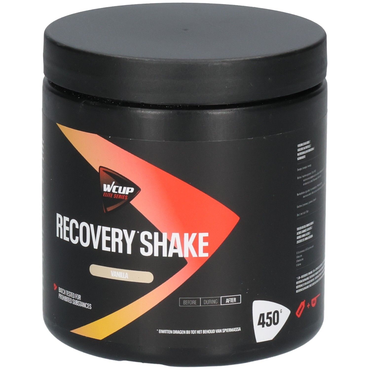 Zwarte container met Wcup Recovery Shake Vanilla 450g opschrift, vanillesmaak en oranje designelement.