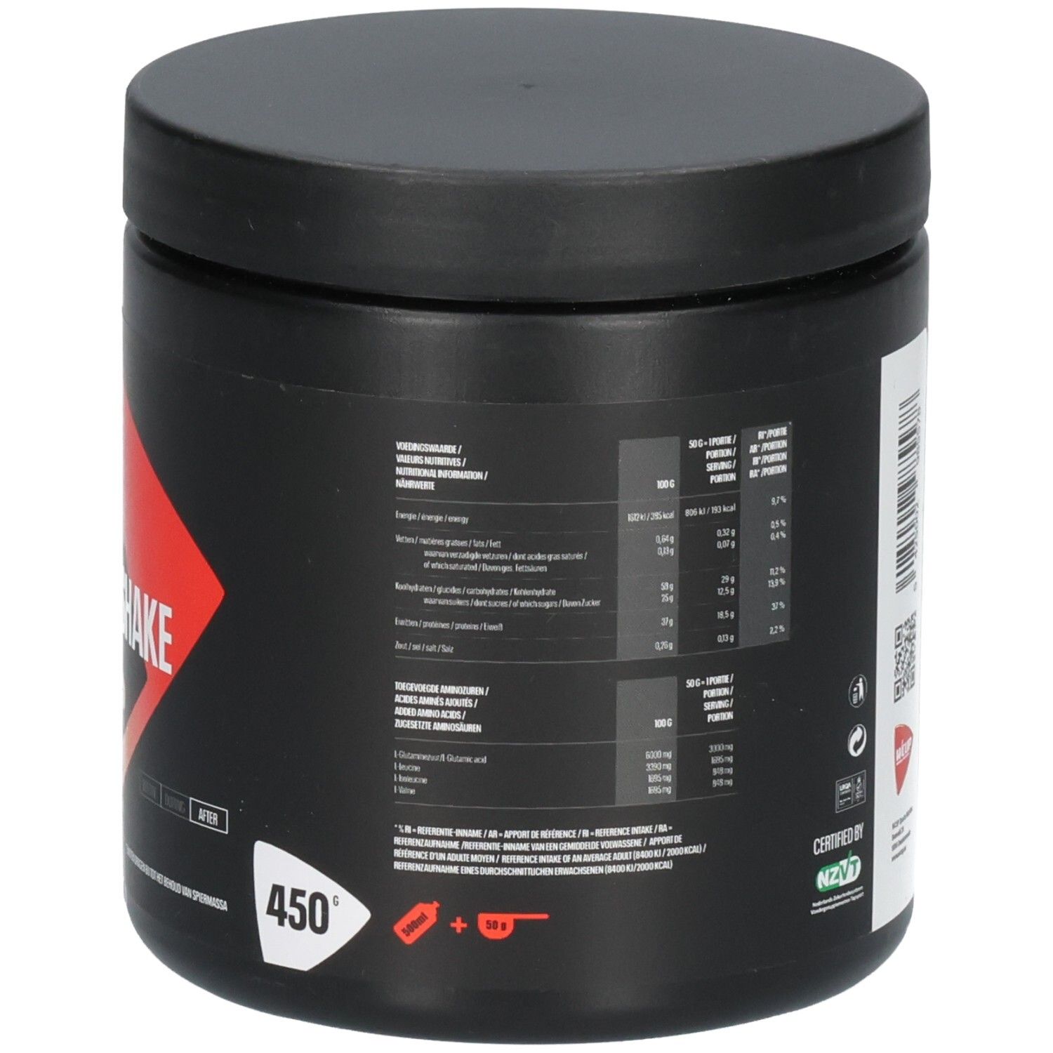 Achterkant van een zwarte container met Wcup Recovery Shake Vanilla 450g, voedingswaarden en certificering.
