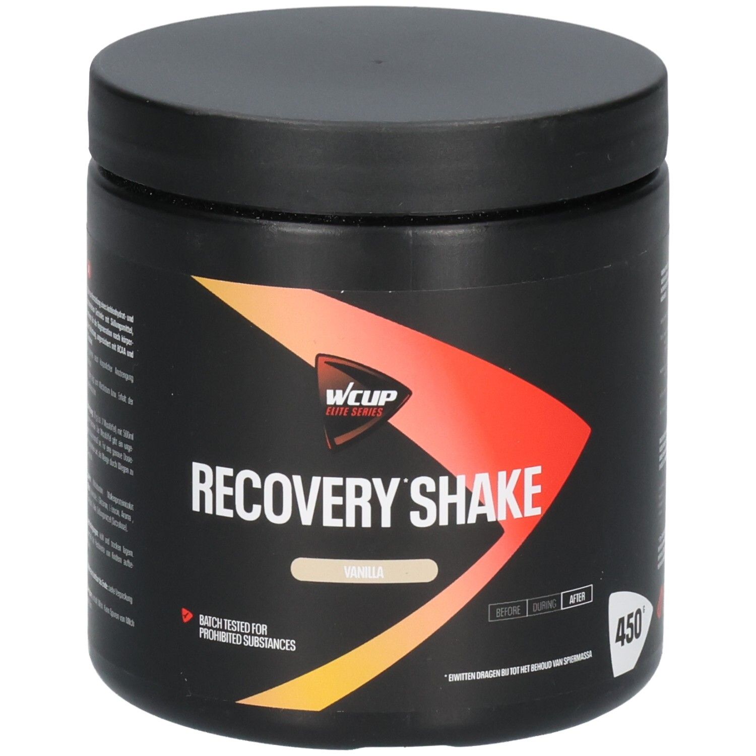 Zwarte container met Wcup Recovery Shake Vanilla 450g opschrift, vanillesmaak en oranje designelement.