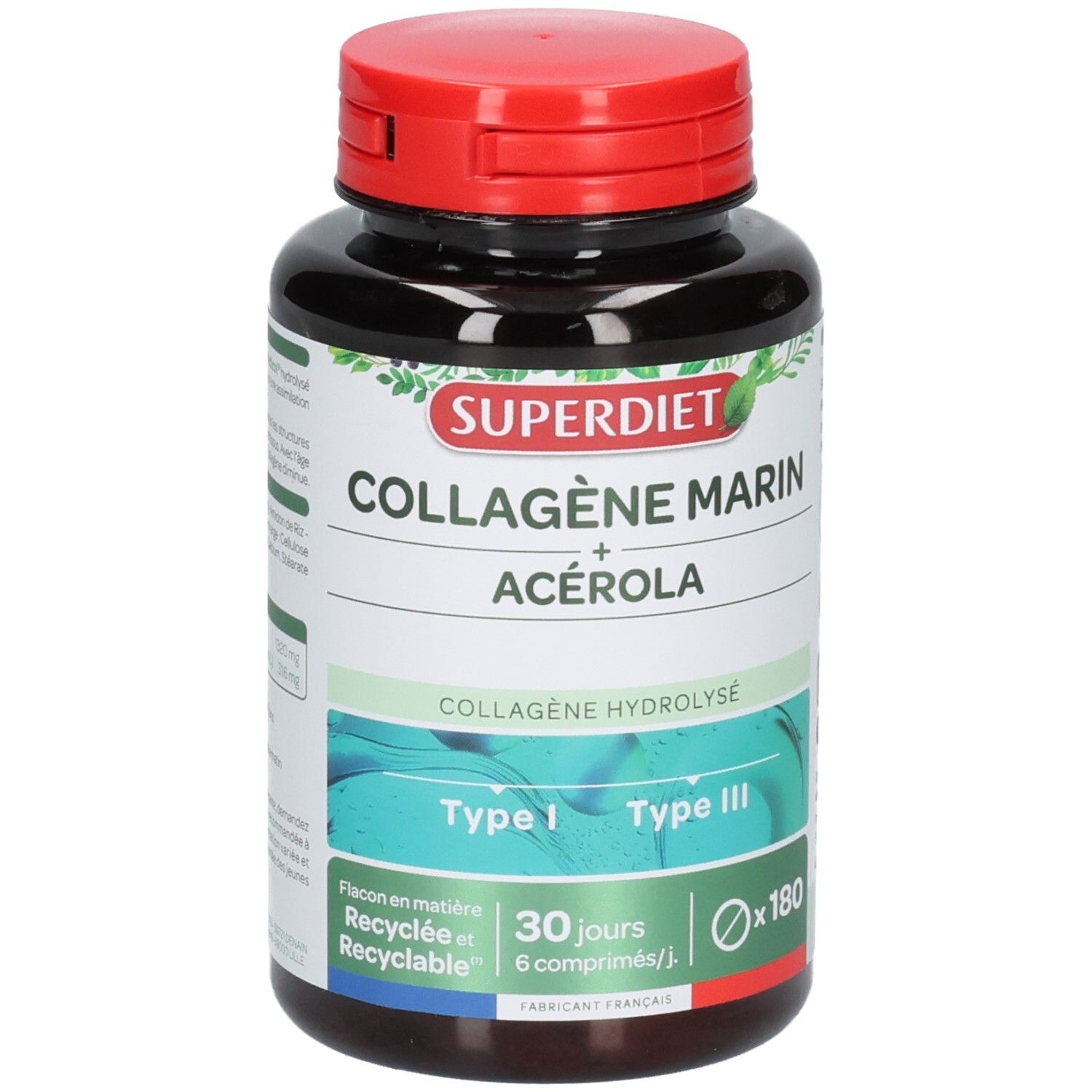 Bruine fles met rode dop. Opschrift: COLLAGÈNE MARIN + ACÉROLA. Bevat 180 tabletten.