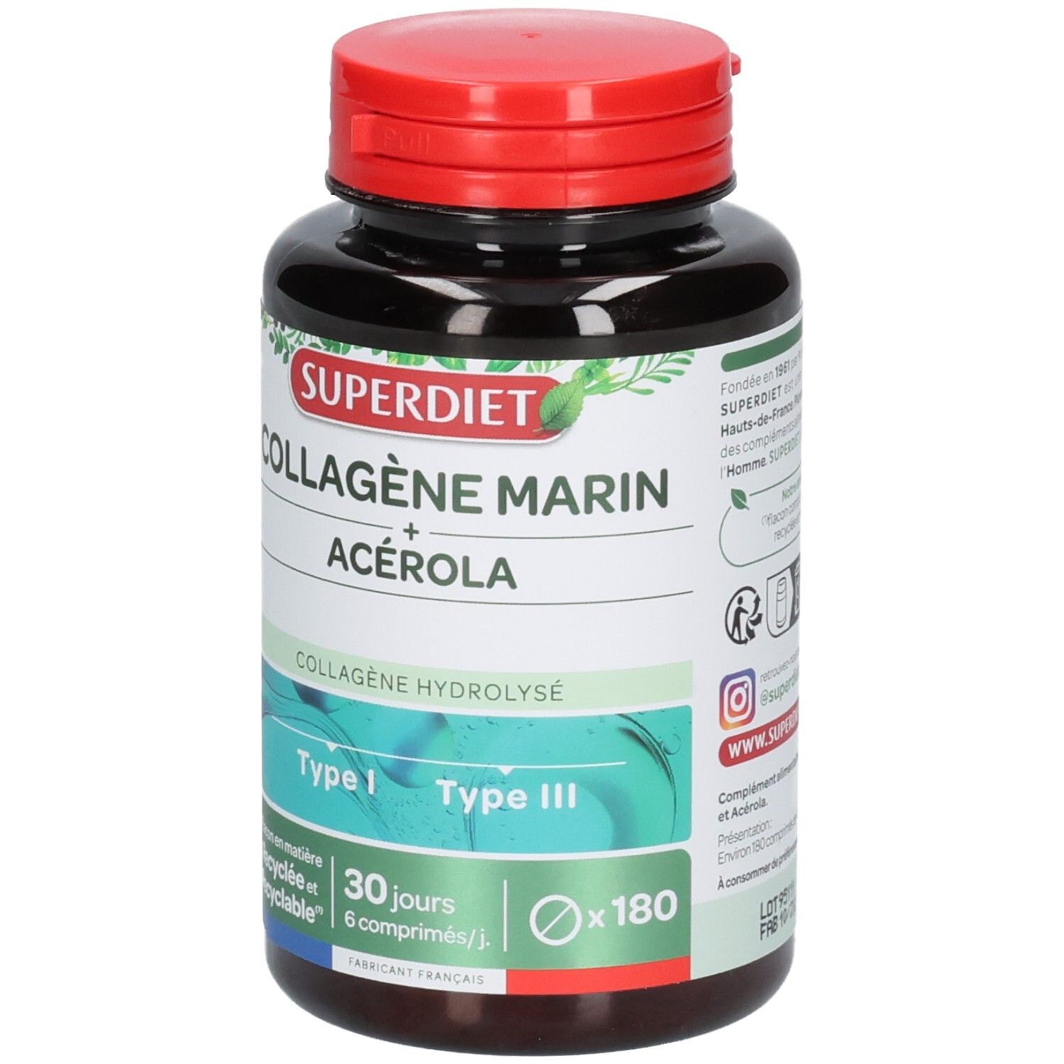 Bruine fles met rode dop. Opschrift: COLLAGÈNE MARIN + ACÉROLA. Bevat 180 tabletten.