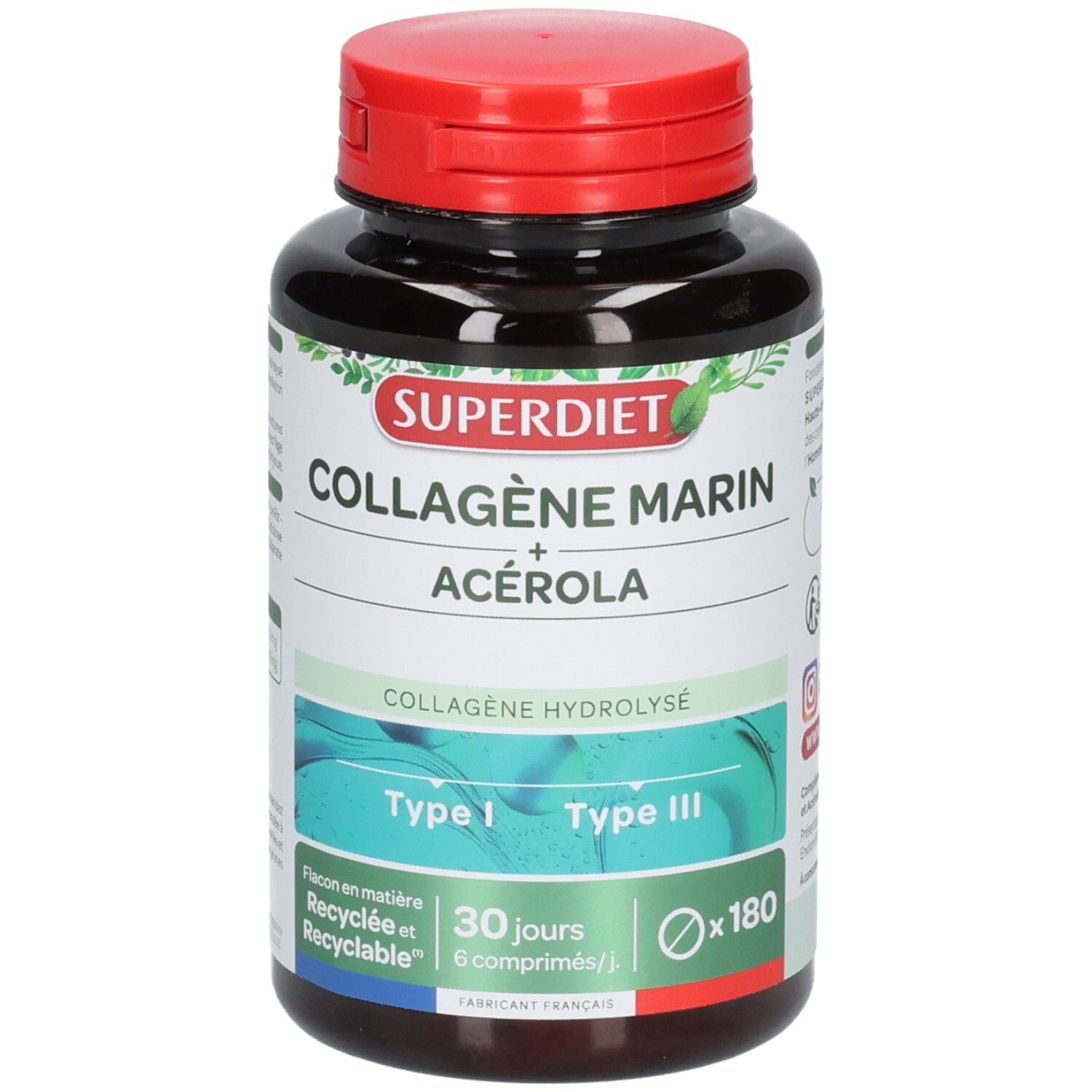 Bruine fles met rode dop. Opschrift: COLLAGÈNE MARIN + ACÉROLA. Bevat 180 tabletten.