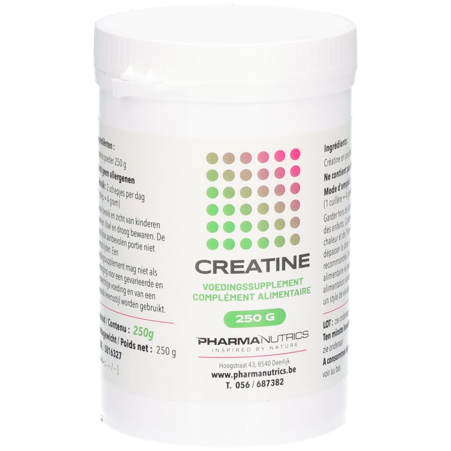 Pot blanc de CREATINE en poudre. Inscription: 250 g, PharmaNutrics. Motif de points verts et roses. Texte en néerlandais et français.