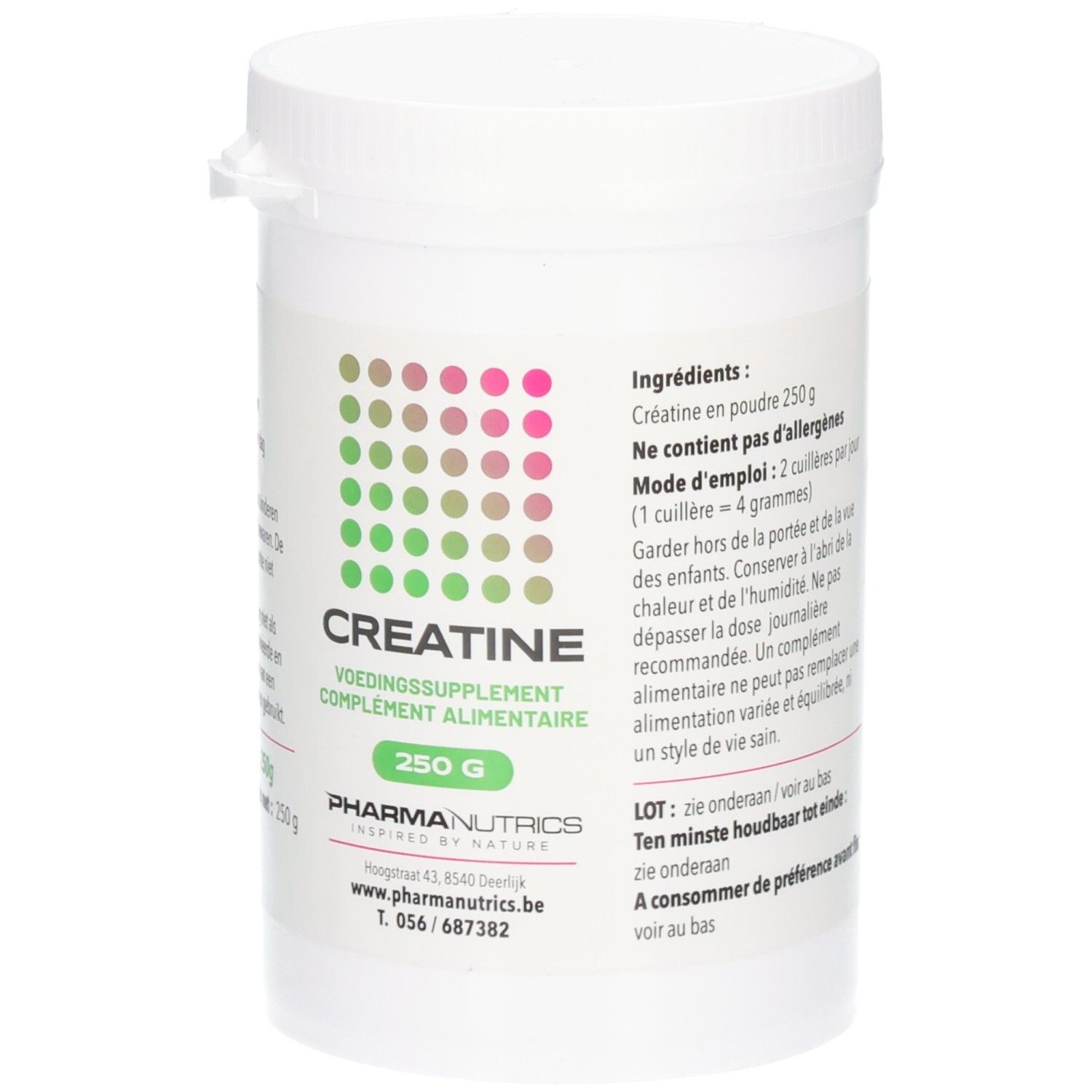 Pot blanc de CREATINE en poudre. Inscription: 250 g, PharmaNutrics. Motif de points verts et roses. Texte en néerlandais et français.