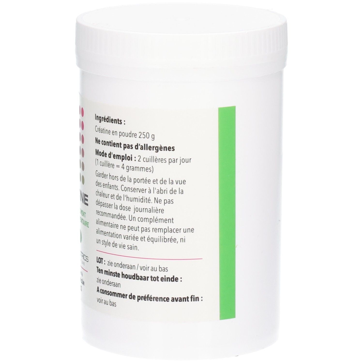Dos du pot blanc. Texte en français. Contenu: 250g.