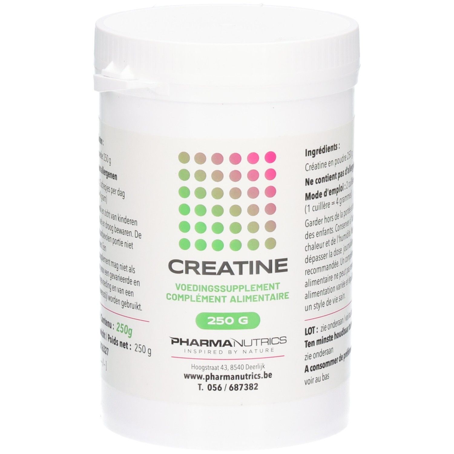 Pot blanc de CREATINE en poudre. Inscription: 250 g, PharmaNutrics. Motif de points verts et roses. Texte en néerlandais et français.