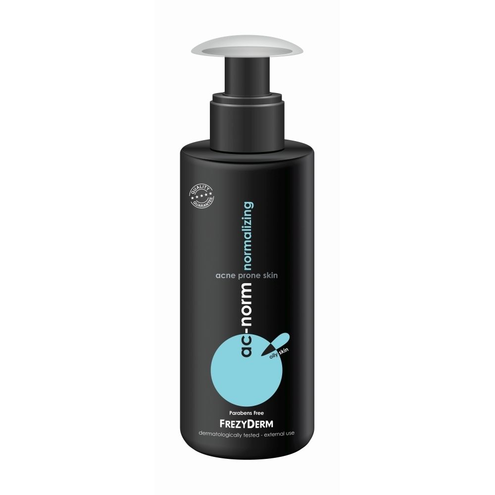 Frezyderm Ac-Norm Lotion: Zwarte fles met pompdosering, voor acne-gevoelige huid.