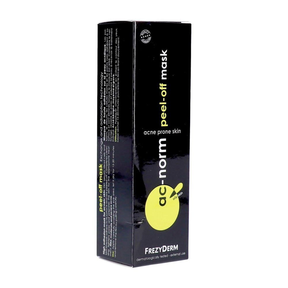 Zijkant van de Frezyderm Ac-Norm Peel-Off Mask verpakking met instructies.